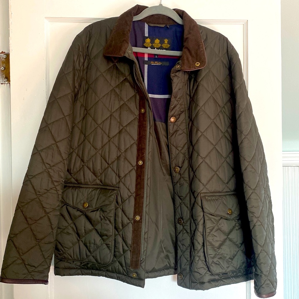Barbour quilted down coat, size L, olive green